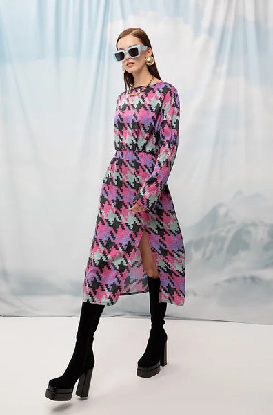 FRONT-SLIT MIDI DRESS PIED-DE-POULE