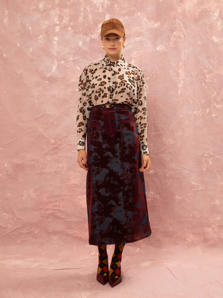 DENIM/VELVET STRAIGHT MIDI SKIRT - BURGUNDY