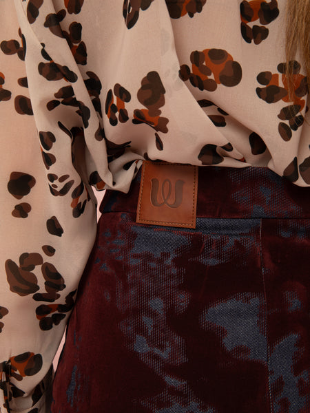 DENIM/VELVET STRAIGHT MIDI SKIRT - BURGUNDY