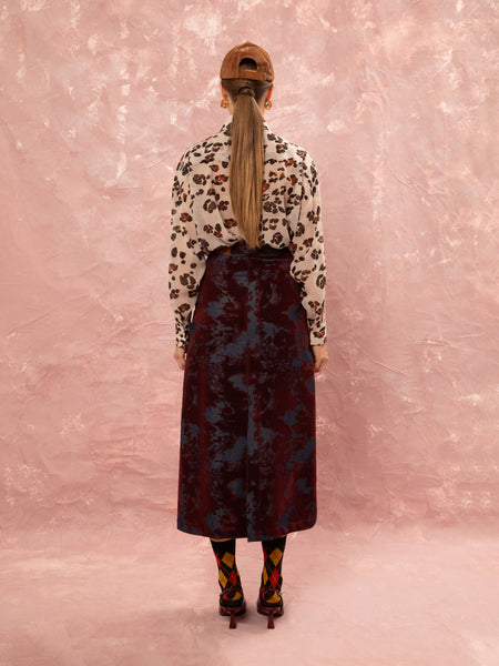 DENIM/VELVET STRAIGHT MIDI SKIRT - BURGUNDY