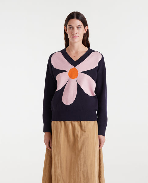 Jacquard knit sweater with big navy blue flower print