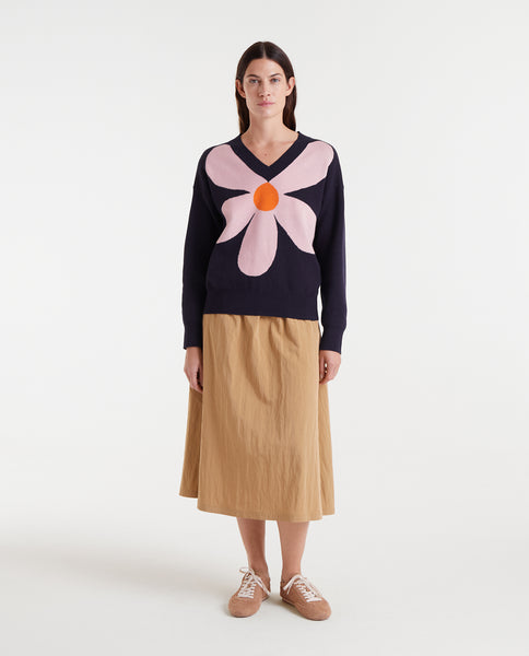 Jacquard knit sweater with big navy blue flower print