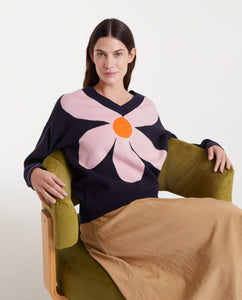 Jacquard knit sweater with big navy blue flower print