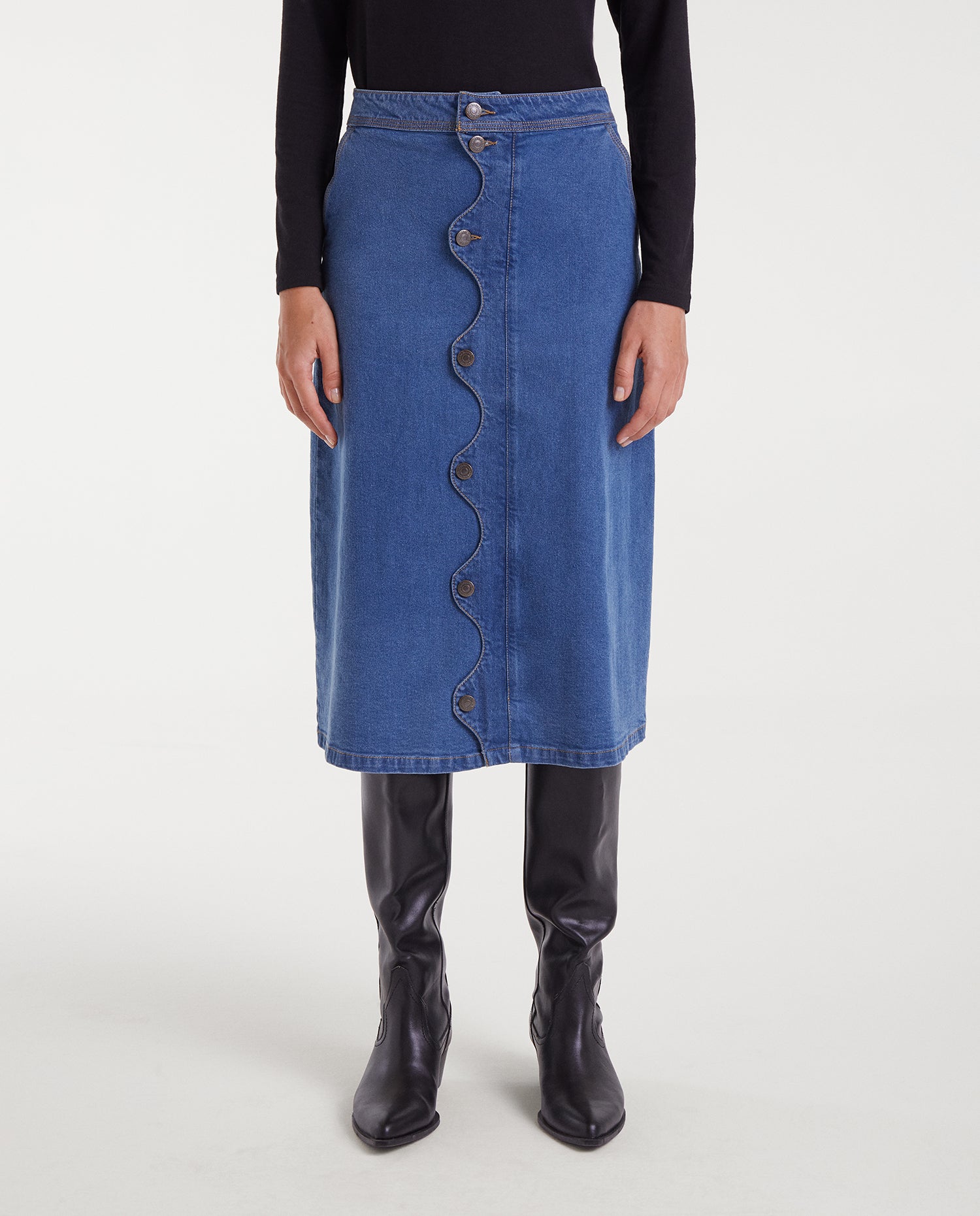 Blue denim midi skirt