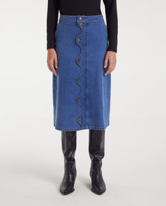 Blue denim midi skirt