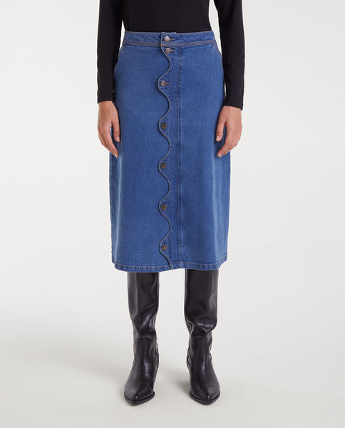 Blue denim midi skirt
