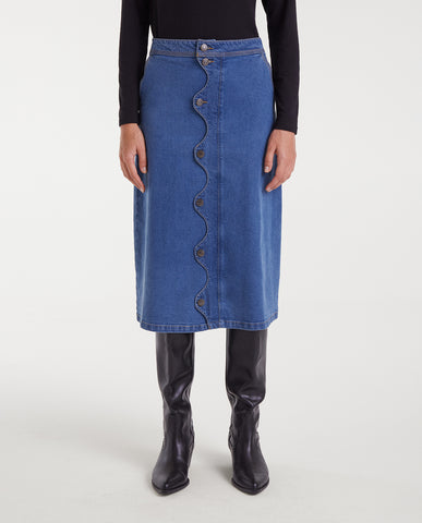 Blue denim midi skirt