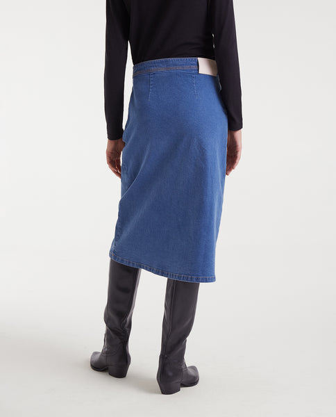 Blue denim midi skirt