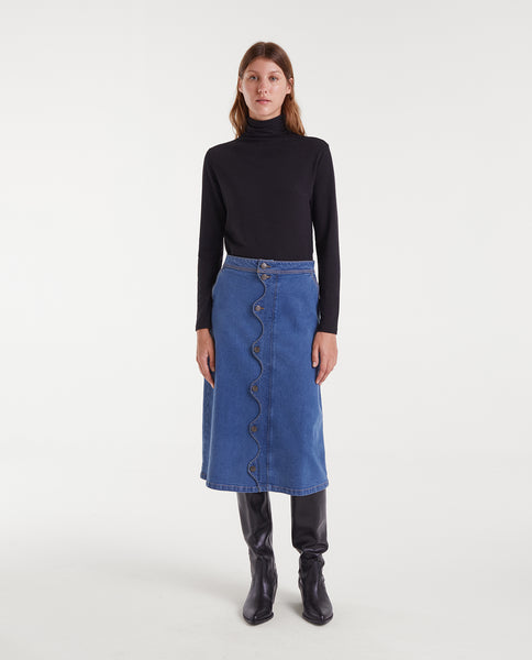 Blue denim midi skirt
