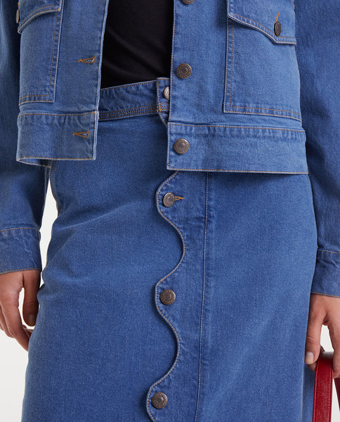 Blue denim midi skirt