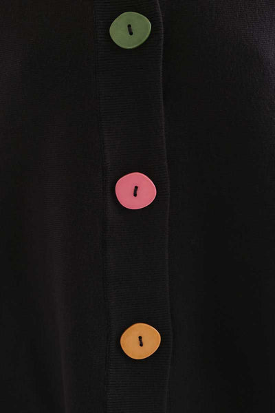 Black cardigan with large multicolor buttons
