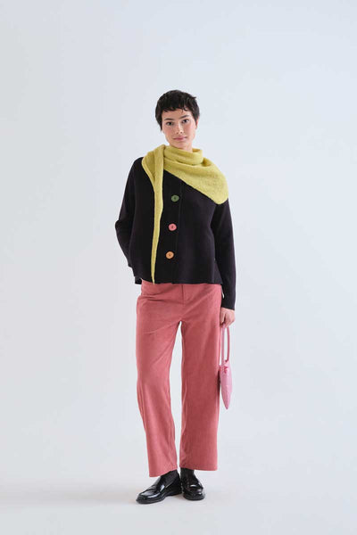 Black cardigan with large multicolor buttons