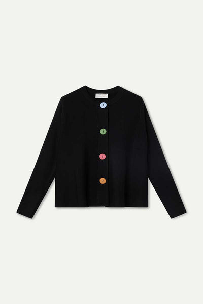 Black cardigan with large multicolor buttons