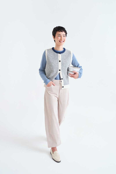 Knitted vest with navy and white striped print