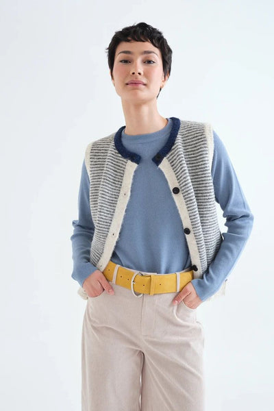 Knitted vest with navy and white striped print