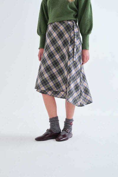 100% cotton green plaid midi skirt