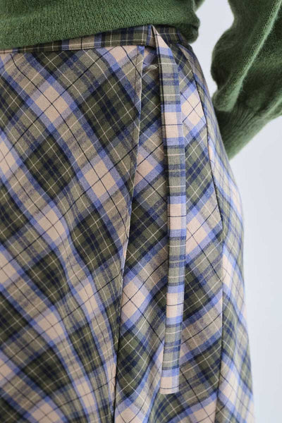 100% cotton green plaid midi skirt