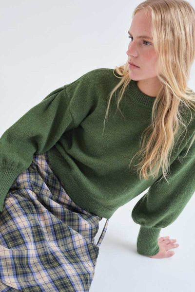 100% cotton green plaid midi skirt