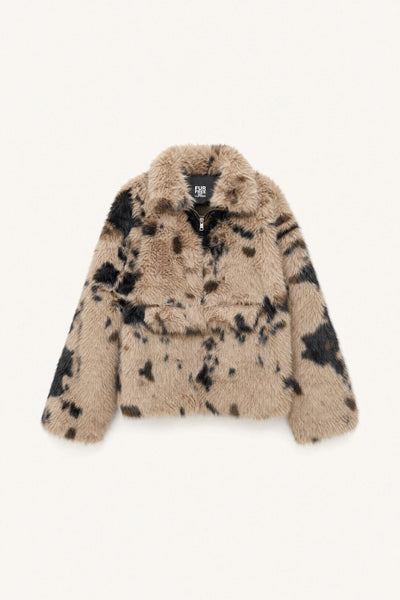 Faux Fur Animal Print Coat - Camel