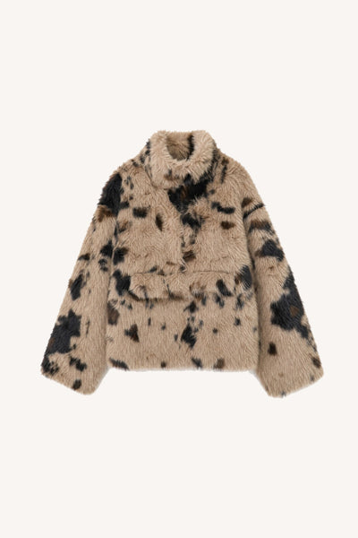 Faux Fur Animal Print Coat - Camel